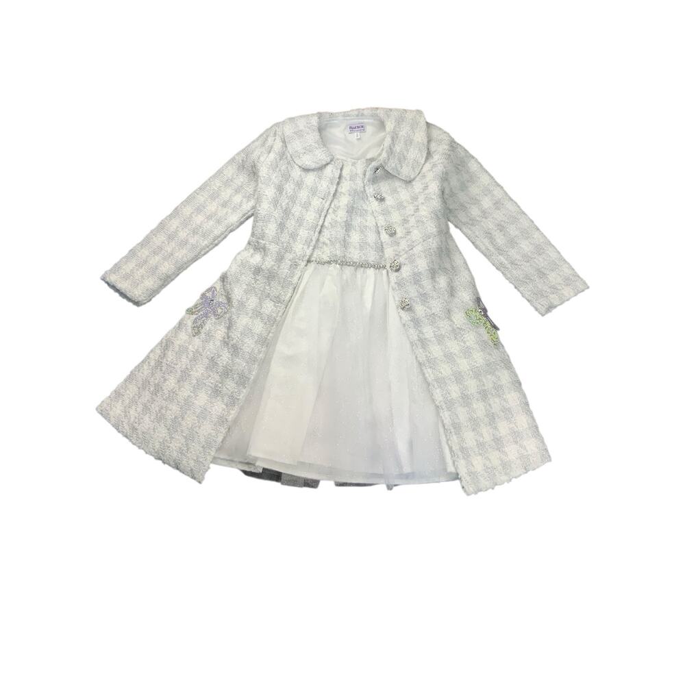 Blueberi Boulevard Girls Size 8 White Silver Tweed Dress Coat Set Formal Wedding